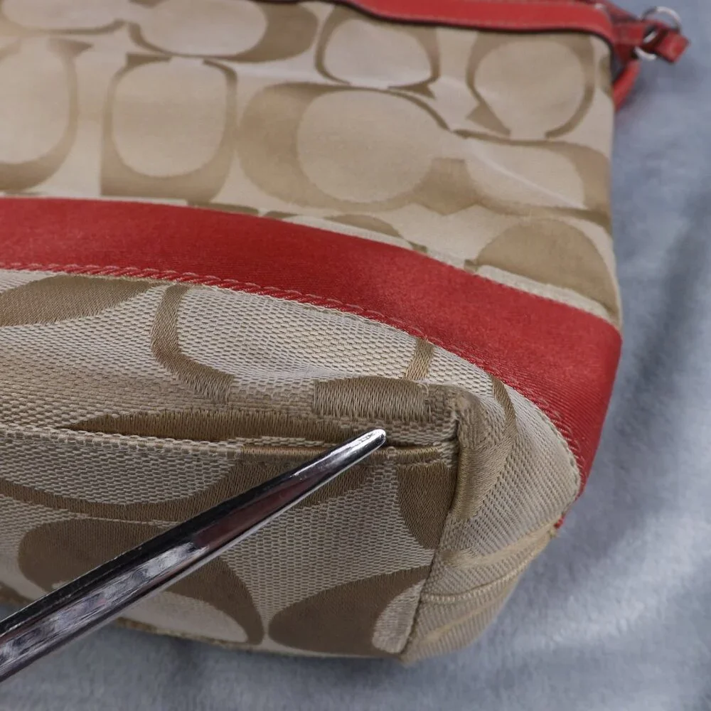 Coach Signature Stripe Tote/Bag/Purse Pink & Khaki Leather & Canvas E1020-F15112